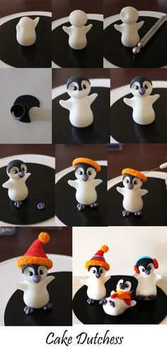 there are many pictures of penguins in different poses