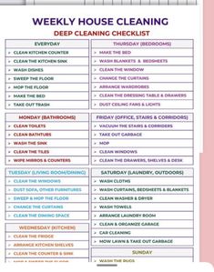 the weekly house cleaning checklist is shown in pink and blue, with words on it