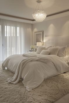 a large white bed sitting in a bedroom under a chandelier and two lamps