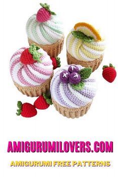 four crocheted cupcakes with strawberries on the top one is white