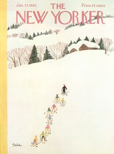 the new yorker magazine cover shows skiers going down a snowy hill with trees and houses in the background