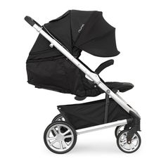 a baby stroller that is black and silver