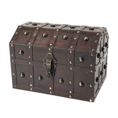 an old wooden chest with metal rivets and latches on the front, isolated against a white background