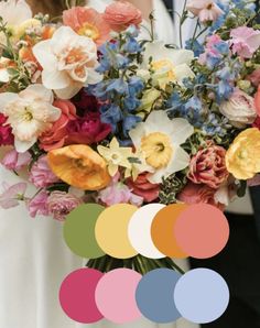 a bride holding a bouquet of flowers with color swatches