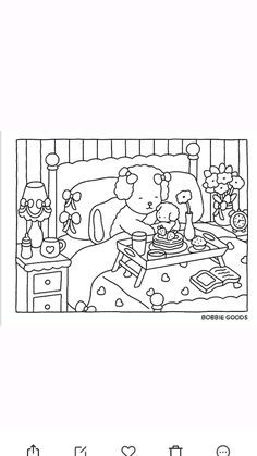 a coloring page with an image of two teddy bears in bed and one is reading