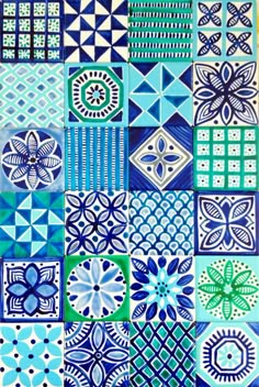 blue and green tiles with different designs on them, all in different shapes and sizes