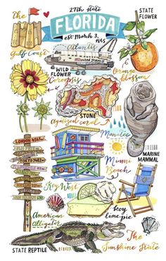 the florida state map is shown with many things to see and do in it's place