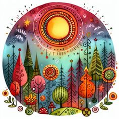 an artistic painting with trees and sun in the sky, surrounded by stars and circles