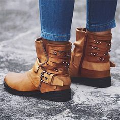 Category:Boots; Upper Materials:Faux Leather; Embellishment:Buckle; Season:Fall,Winter; Heel Type:Flat Heel; Gender:Women's; Size Suggestion:standard size, select your usual size; Toe Shape:Round Toe; Type:Booties Ankle Boots; Style:Minimalism,Casual,Vintage; Heel Height(inch):<1; Outsole Materials:Rubber; Occasion:Daily,New Year,Outdoor; Closure Type:Zipper; Listing Date:12/04/2023; Production mode:Self-produce; 2024 Trends:Motorcycle Boots,Riding Boots,Plus Size,Work Boots Bohemian Style Shoes, Hoof Heels, Basic Boots, Winter Ankle Boots, Buckle Boots, Vintage Boots, Brown Ankle Boots, How To Measure, Motorcycle Boots