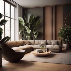 a living room filled with lots of plants next to a large window on top of a hard wood floor