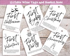 six wine tags with the words first christmas and first valentine's day written on them