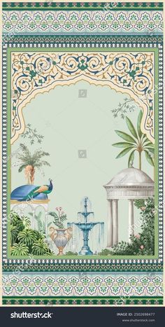 an ornate border with peacocks and water fountain in the middle, surrounded by palm trees