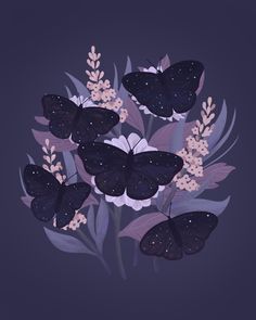 a bunch of black butterflies sitting on top of flowers