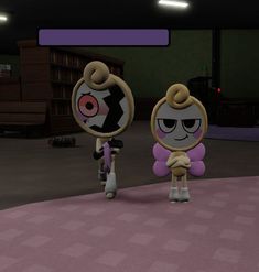 two cartoon characters standing next to each other on a pink floor in a dark room