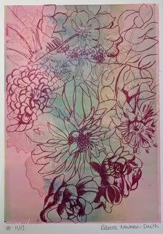 an image of flowers in pink and purple ink on paper with watermarking over it