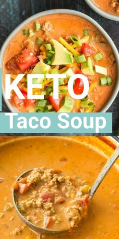 keto taco soup in a bowl with a spoon and the title above it