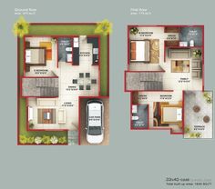 two story house plans with garage and living room in the middle, from top to bottom