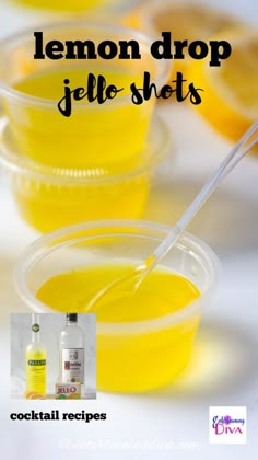 lemon drop jello shots in small plastic cups with spoons and labels on them