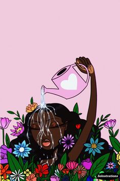 a woman is pouring water into her head while surrounded by flowers and hearts on a pink background