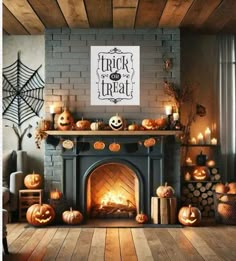 a fireplace decorated with halloween decorations and pumpkins in front of a trick or treat sign