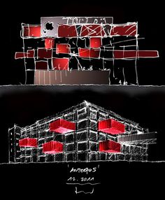 an architectural drawing of a building with red chairs on the front and back sides, as well as a black background