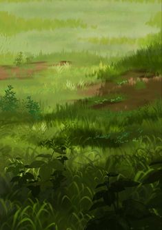 an image of a grassy field with trees and grass in the foreground, as if it were digital painting