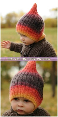 two pictures of a little boy wearing a knitted hat with stripes on the top and bottom