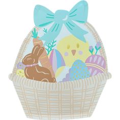 a basket filled with lots of different types of easter eggs and a bunny sitting in it