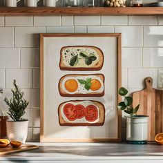 an art print of toast with tomatoes, egg and tomato slices on it in a kitchen