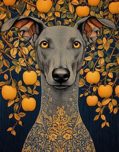 a painting of a dog with oranges on it's head and in front of an orange tree