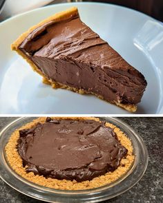 there is a piece of chocolate pie on the plate