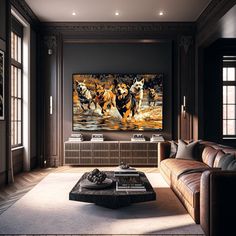 a living room filled with furniture and a painting on the wall