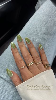 Olive green nails, spring nails, green nails, green chrome nails, green chrome, olive nails Almond Nail Colors Summer, Sage Green Glazed Nails, Green Nail Colours, Olive Green Glitter Nails, Pear Green Nails, Green Minimal Nails, Nail Aesthetic Summer, Green Donut Glaze Nails, Olive Nails Chrome