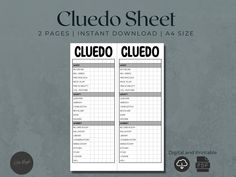 a poster with the words cluedo sheet in black and white, on a gray background