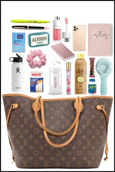 a brown louis vuitton bag with various items on it and the contents inside