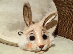 Paper mache rabbit mask bunny mask You are welcome to visit my other mask shop also https://www.etsy.com/shop/GreenMindedWolf Easter Horror, Paper Mache Rabbit, Mascara Papel Mache, Mask Rabbit, Cat Costume Halloween, Black Cat Mask, Raven Mask, Black Cat Costume, Monkey Costume