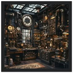 a room filled with lots of different types of clocks on the walls and flooring