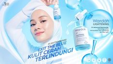 the advertisement features a woman wearing a headscarf and holding a bottle of blue liquid