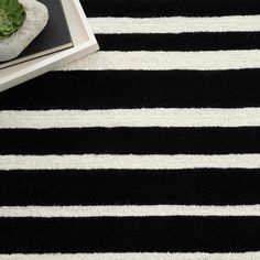 a black and white striped rug next to a potted plant on top of a table