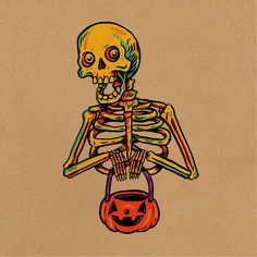 a drawing of a skeleton holding a pumpkin