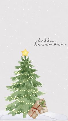 a watercolor christmas tree with presents under it and the words believe written in gold