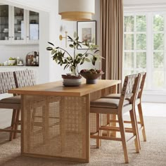 a dining room table with chairs and a potted plant on top of the table