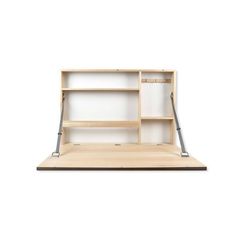 an empty wooden shelf with metal legs