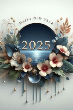 a happy new year greeting card with flowers and leaves on the front, in blue tones