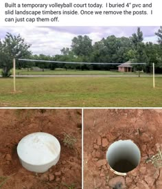 there is a white ball in the middle of a hole and another photo with it's own volleyball net