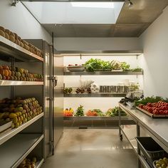 Explore this modern root cellar with a minimalist design, featuring stainless steel shelves brimming with fresh fruits and vegetables. The space boasts white walls and concrete floors, highlighted by natural light streaming through skylights. A professional chef's table with assorted produce emphasizes the clean, functional aesthetic, perfect for both cooking and storage. Stainless Steel Shelves, Professional Kitchen Design, Chef House, Food Storage Rooms, Functional Aesthetic, Fireplace Feature Wall, Steel Shelves, Space Lighting, Root Cellar