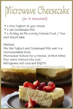 a piece of cheesecake on a plate with strawberries in the middle and instructions for how to make it