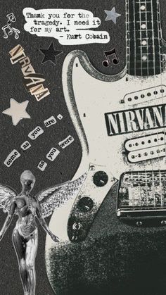 a drawing of an electric guitar with words above it and a winged figure next to it