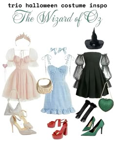 three different types of costumes and accessories for halloween party or cosplaying, including dresses