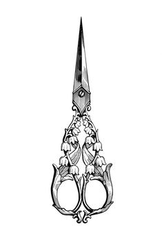 a black and white drawing of a pair of scissors with flowers on the handles, in front of a white background